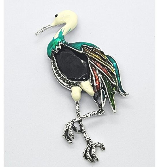 Crested Ibis Flamingo Brooch Rhinestone Dripping Oil Faux Jewel Wildlife - Picture 1 of 4